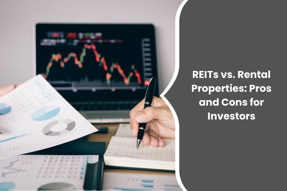 Investor comparing REITs and rental properties on a laptop