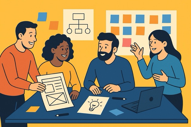 Team members collaborating with sketches and prototype tools