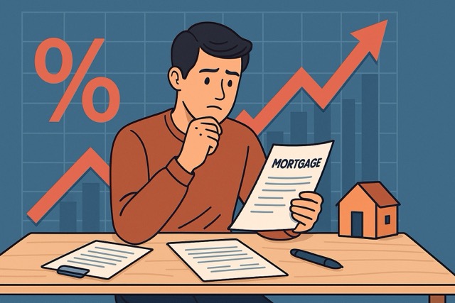 Homebuyer reviewing mortgage options with rising interest rates chart