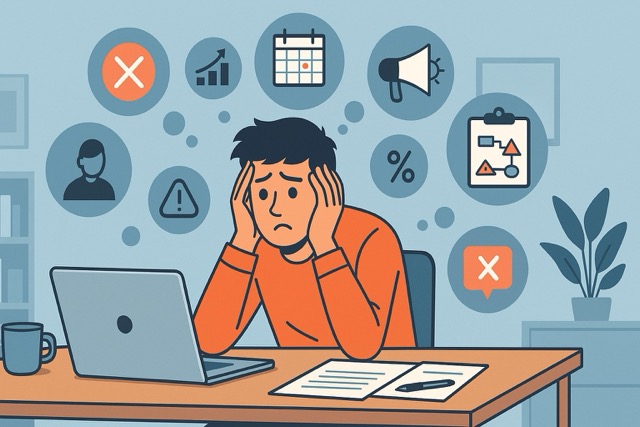 New entrepreneur surrounded by startup-related symbols and mistake icons