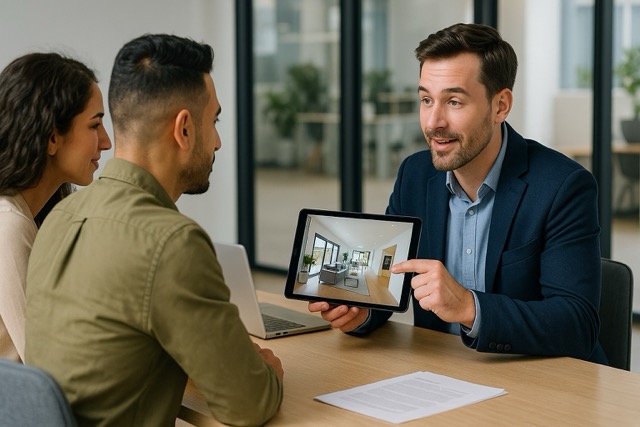 Real estate agent showing a virtual tour on a tablet in a modern office