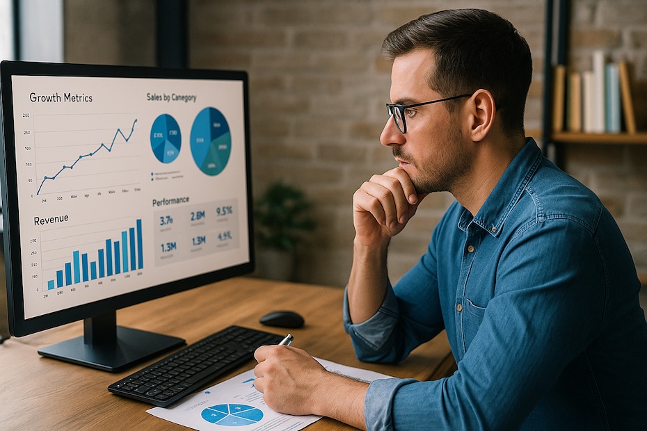 Startup founder reviewing scale metrics on a digital dashboard