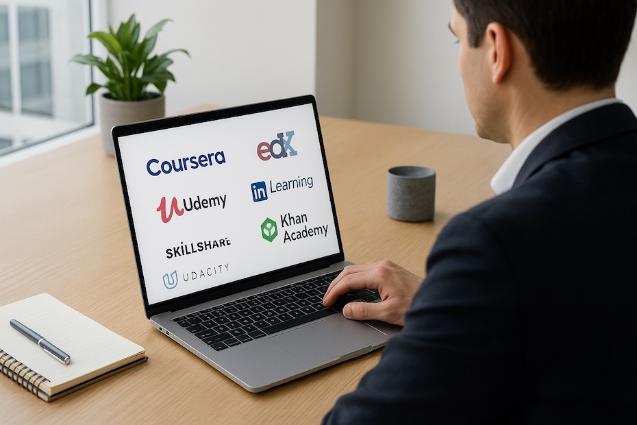 Professional reviewing online learning platforms on a laptop inside a modern workspace.
