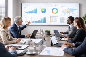 Boardroom executives reviewing AI analytics dashboards