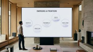 Professional reviewing a dashboard showing agentic AI, multimodal media, edge devices, digital twins, and privacy-first AI icons.