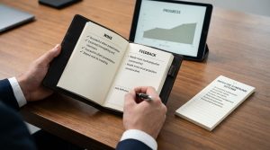 Professional at a desk reviewing notes and a checklist to manage imposter syndrome and build confidence at work