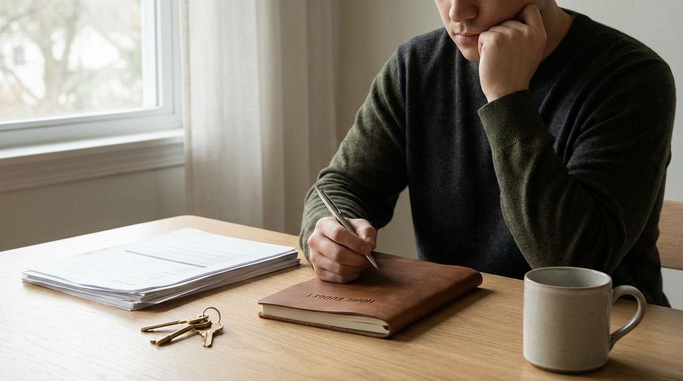 First-time home buyer reviewing a budget at a kitchen table with house keys and paperwork
