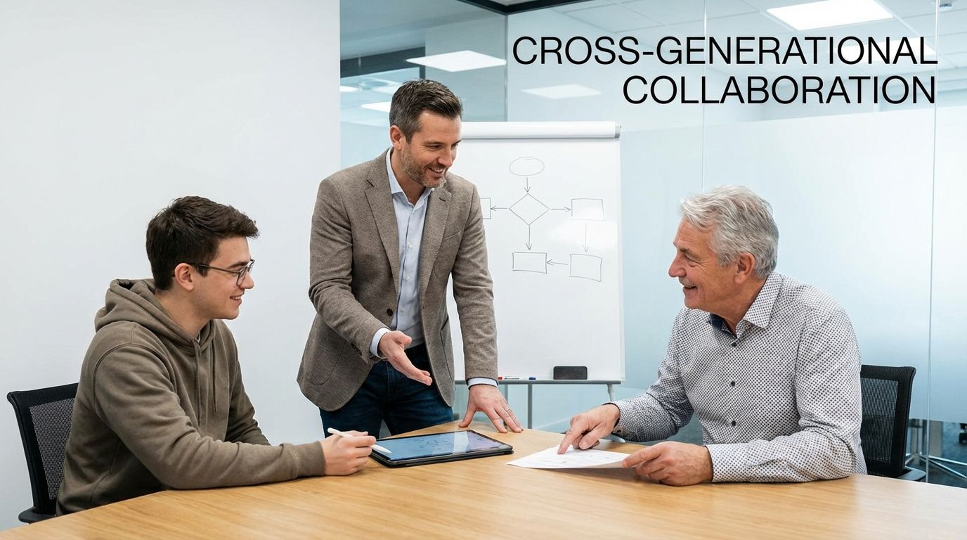 Manager leading a workplace meeting with Gen Z and Baby Boomer employees collaborating across generations