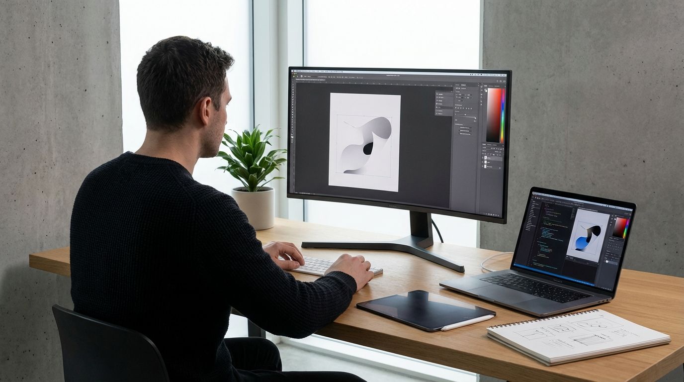 Human creator sketching ideas beside an AI interface on a screen in a modern workspace