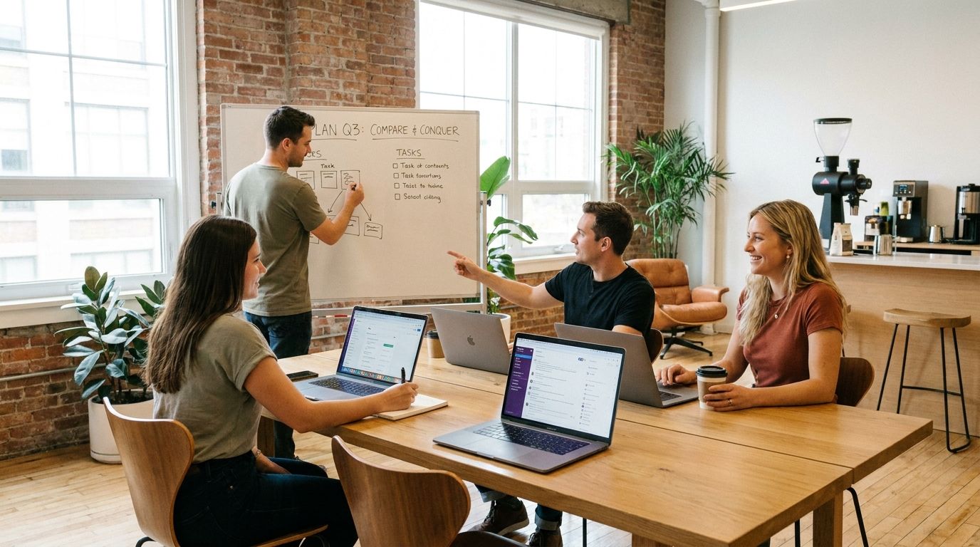 Startup team reviewing project management apps on laptops during a planning meeting