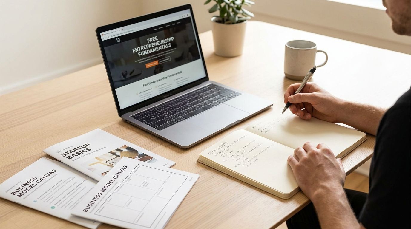 Beginner learning business and entrepreneurship from scratch on a laptop with notes and free online resources