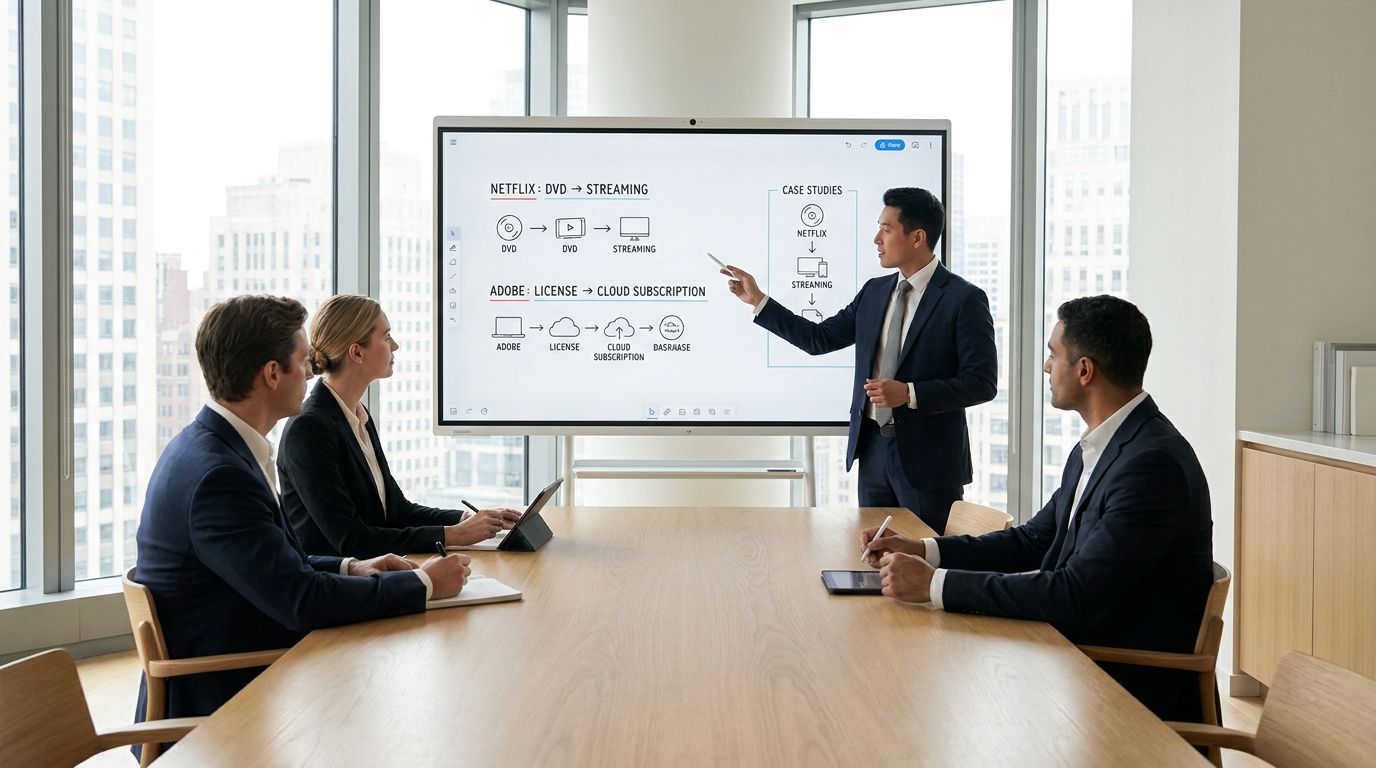 Business leaders reviewing company pivots and strategy changes on a digital screen during a team meeting