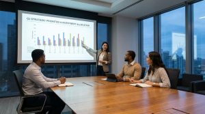 Corporate strategy team members reviewing charts and priorities in a business meeting