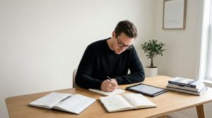A founder reviewing startup notes and planning strategy at a desk