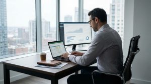 A commercial real estate analyst reviewing property data and financial models on a laptop
