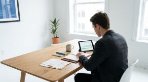 A young entrepreneur stands with a laptop in a small office, planning and managing a new business.