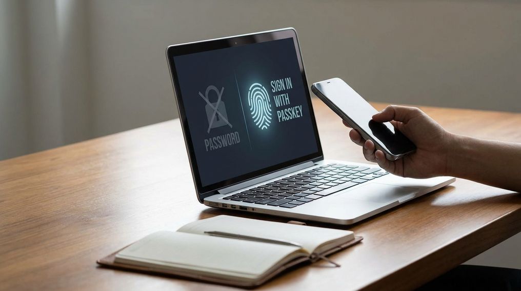 Person using fingerprint sign-in on a laptop with passkey and password icons